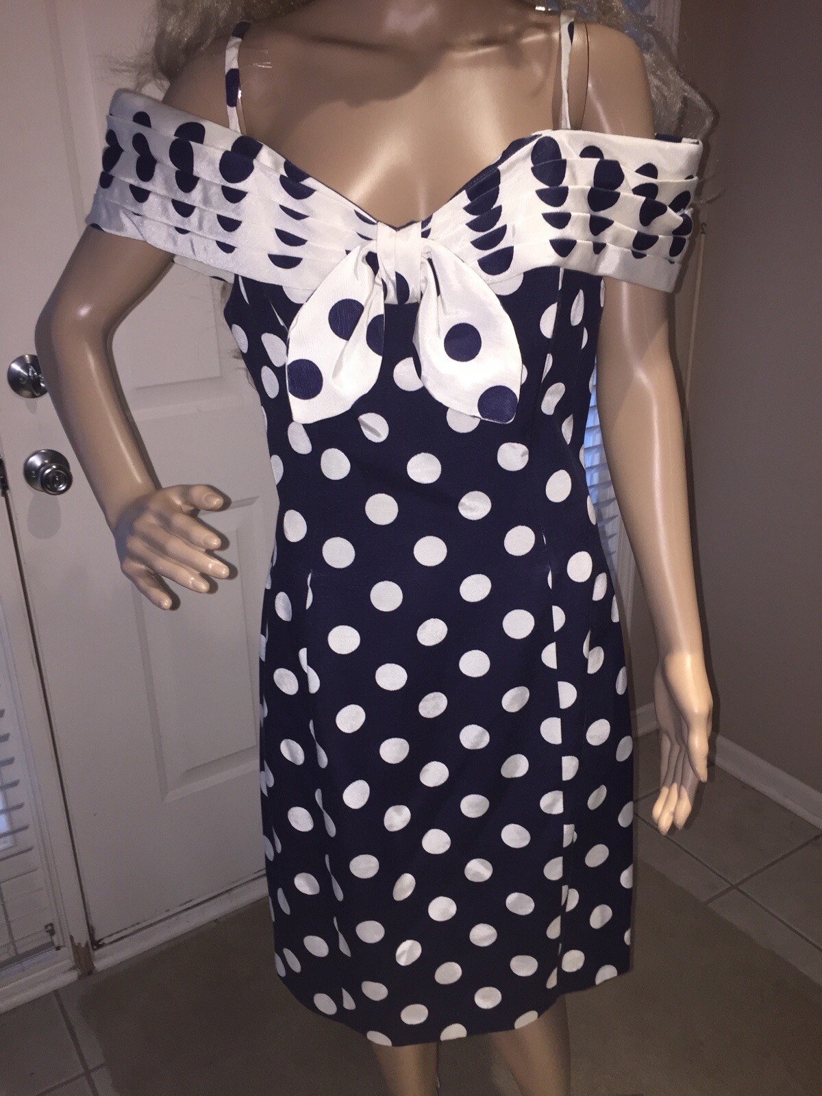 VTG 1980’s 1990’s Pantagis Size 11-12 Navy Blue Polka Dot Party Prom Dress
