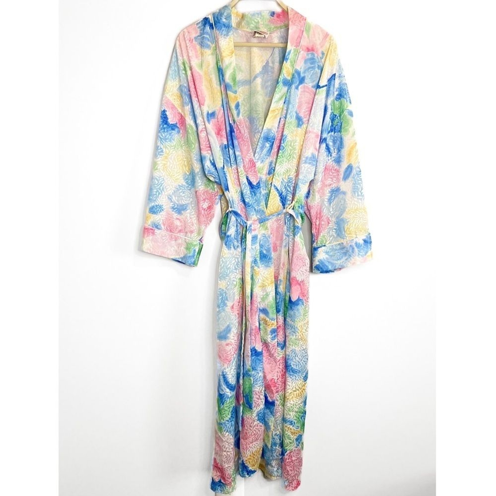 Vintage Womens Robe M Pastel Swiftie Floral Shimmer Watercolor Romantic Kimono