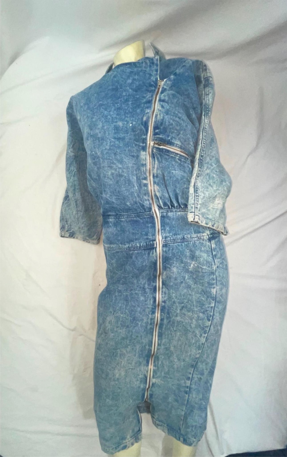 VTG 80S WOMEN NEW WAVE RETRO NINA PICCALINO STONE ACID WASH DENIM JEAN ZIP DRESS
