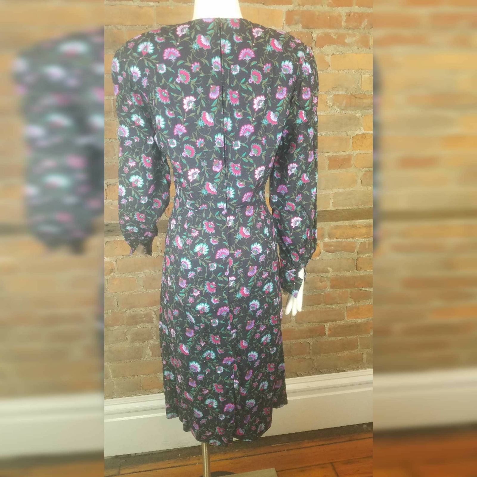 Vintage Dress Midi Black Floral Red Green Lilac Print Long Sleeves Sz M