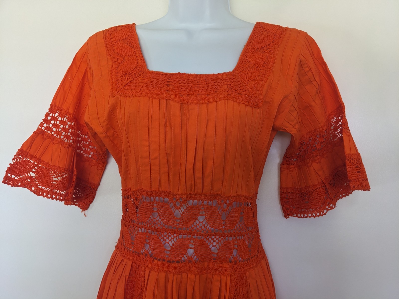 Vintage Orange Cotton Pintuck Crochet Lace Mexican Boho Peasant Dress Maxi 70s