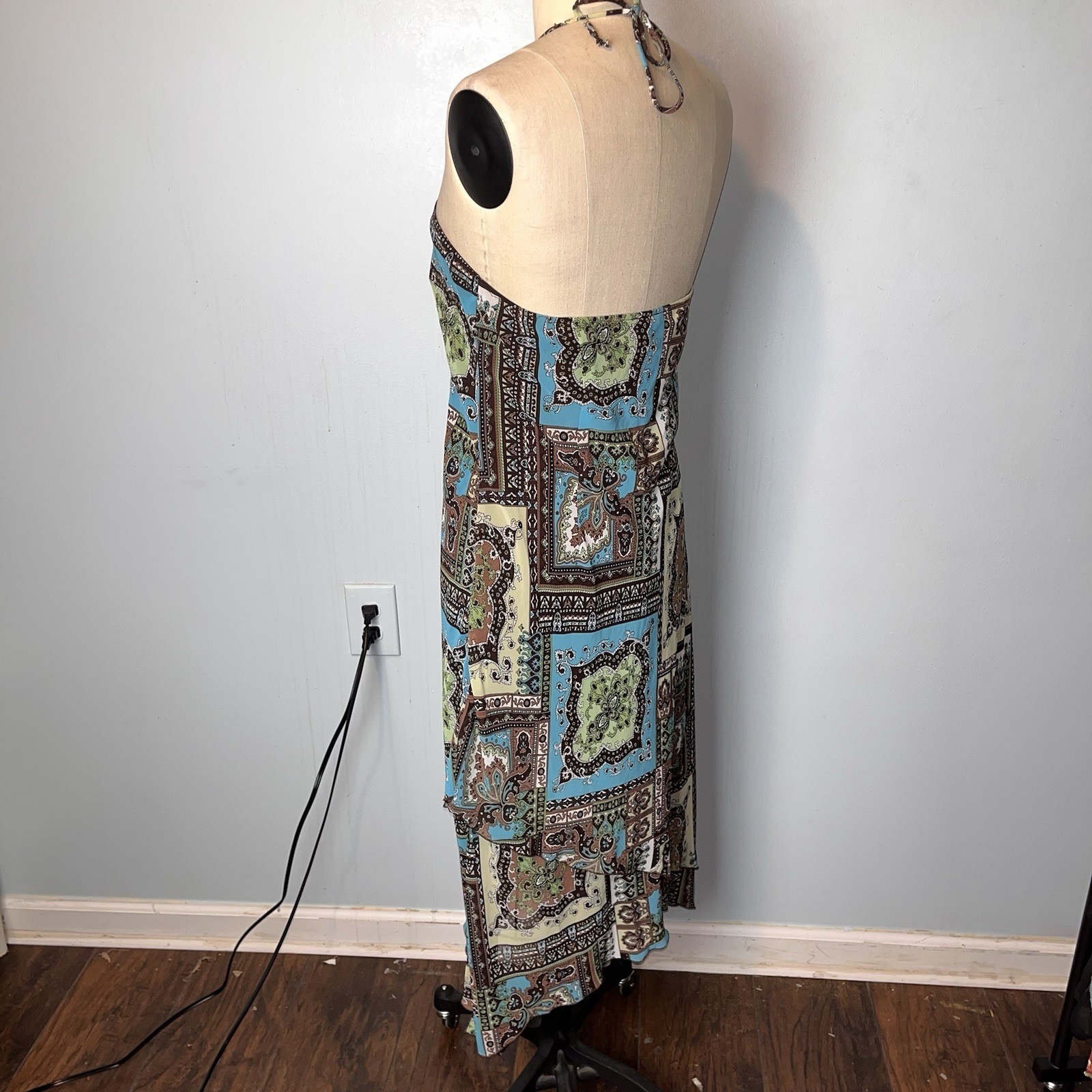 Vtg Y2K Paisley Patchwork Blue Brown Whimsy Fairy Halter Dress Asymmetric Hem 10