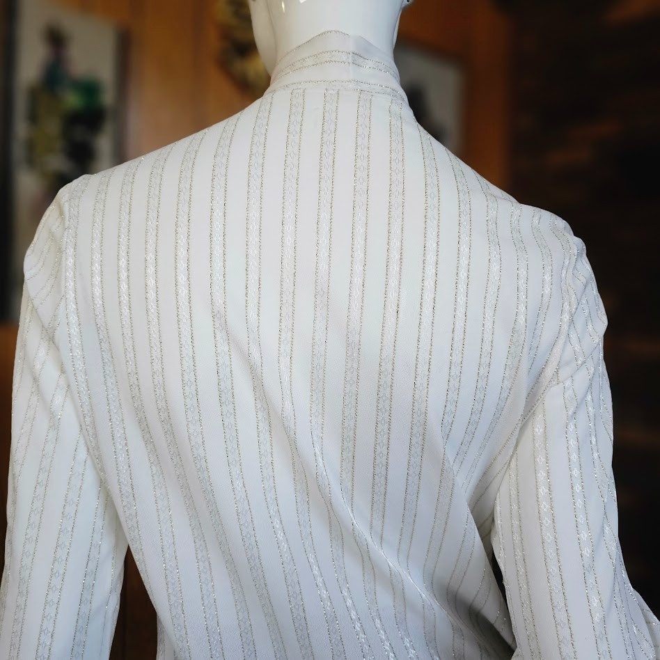 Vintage 80s Disco Secretary Pussy Bow Gold Pinstripe Button Up Blouse Top S/M