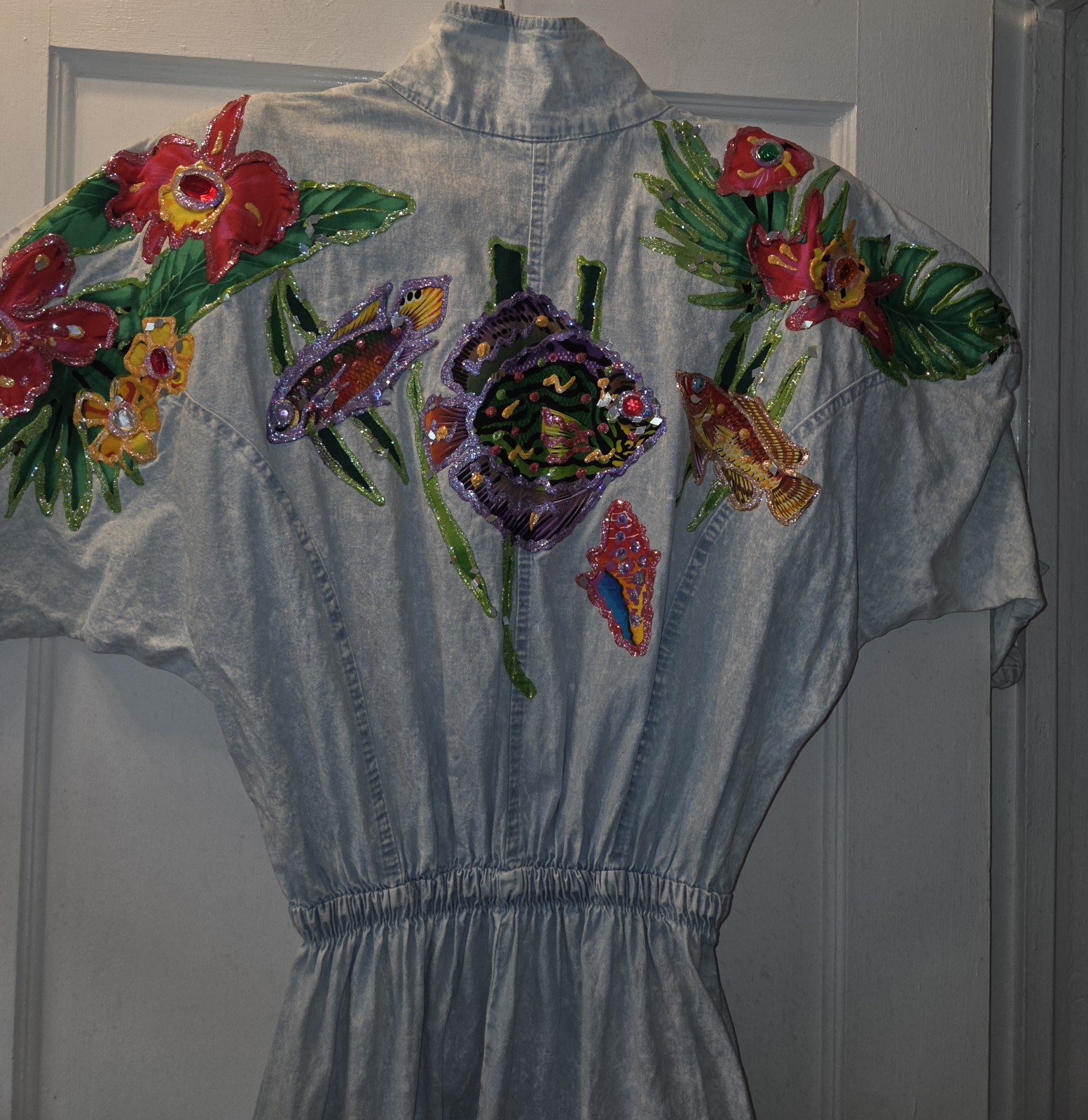 Vintage 80’s OOAK Handpainted Janika Designs Denim Jumpsuit. Fish. Art To Wear M