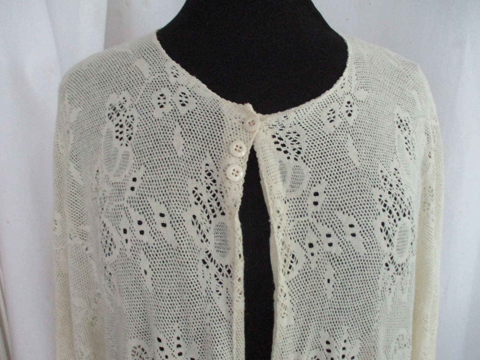 VTG Lace MED Crocheted Open Front Jacket Light Coverup w/ Pockets Made in France