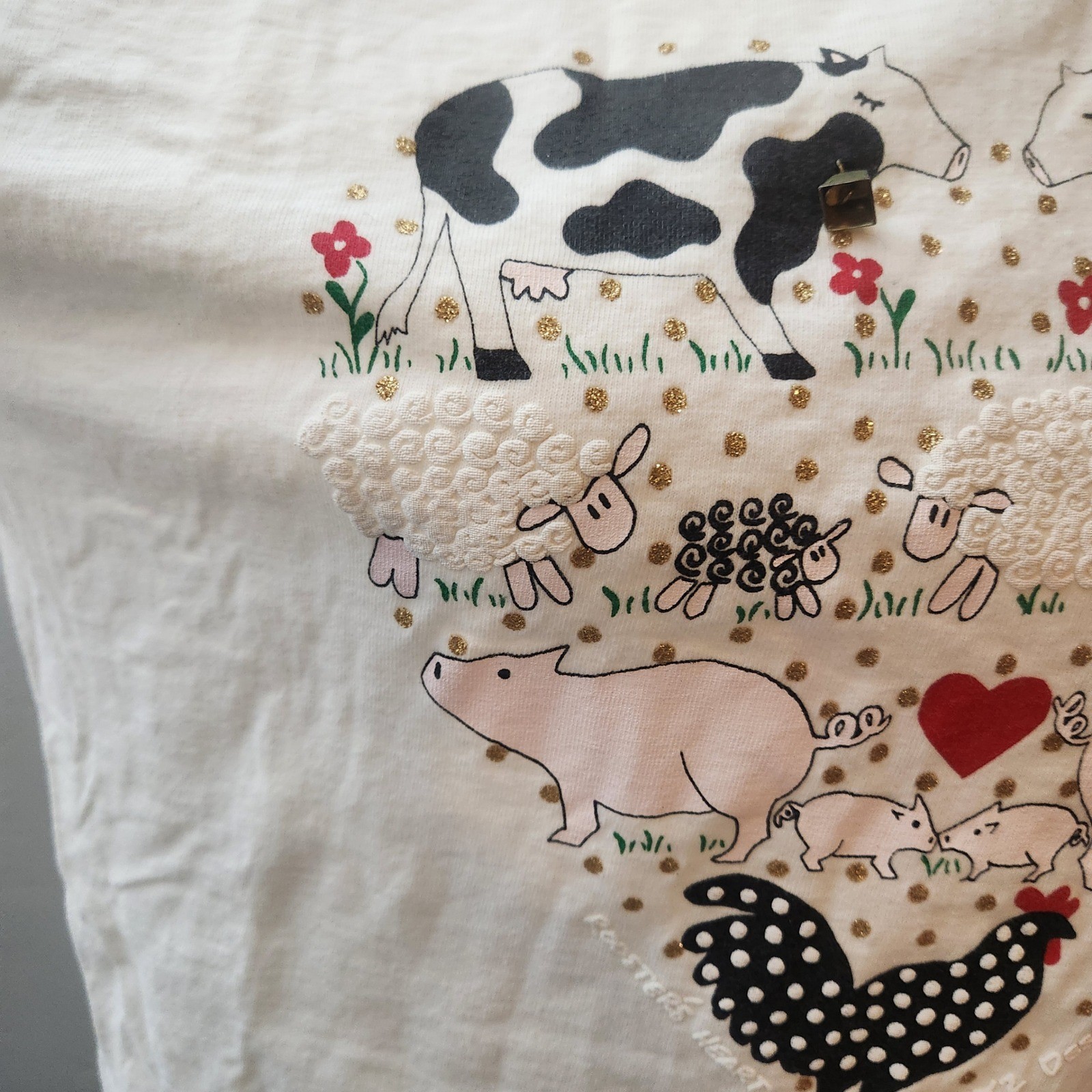 Vintage Oneita Power-T Farm Animal Heart T-Shirt Cream Size L 80s Made in USA