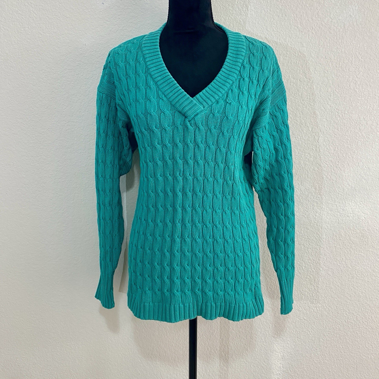VTG Clifford & Wills Teal Green Cotton Cable Knit V-Neck Sweater Size M