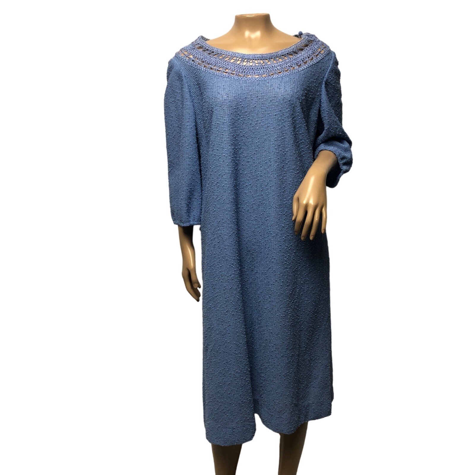 Leslie Pomer Blue Textured Boucle Dress Womens Size 14.5 Crochet Neck Vintage