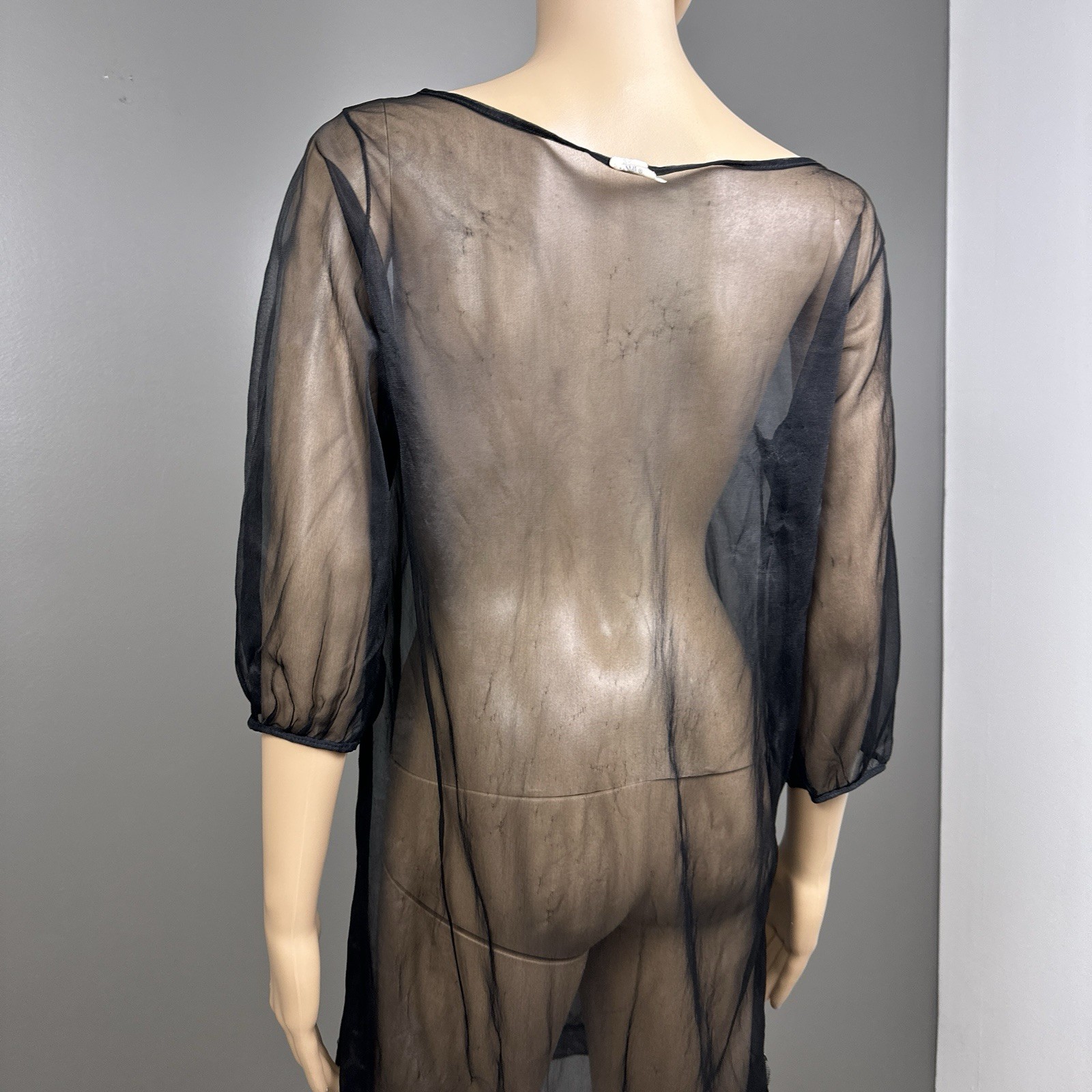Vintage Movie Star Sheer Black Nylon Boudoir Peignoir Overgown Dress Large USA