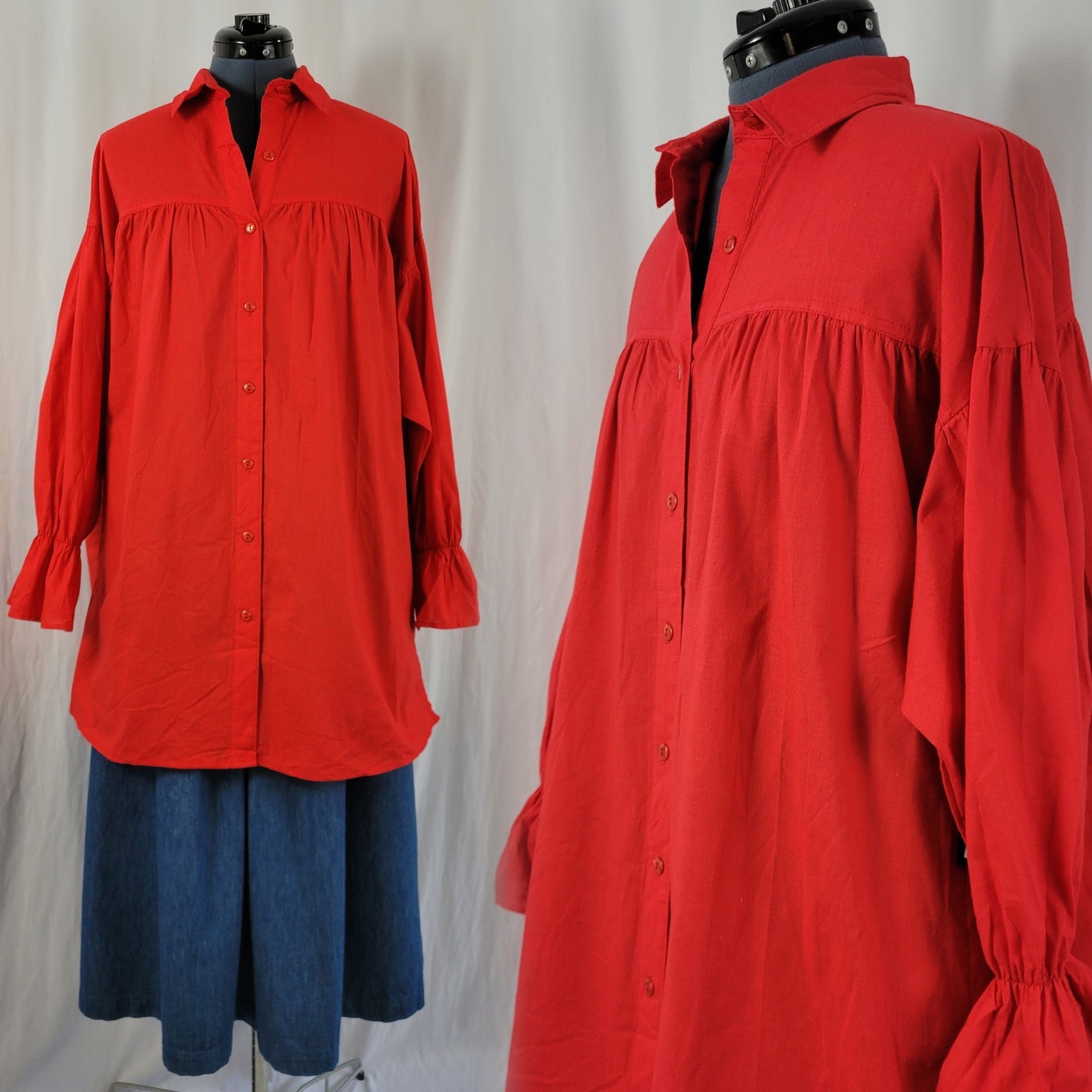 Vintage Caliche Red Oversized Shirt or Dress w Gathered Back Size Medium
