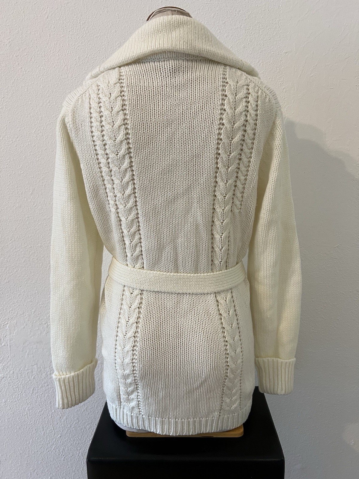 Vintage 70s Cable Knit Cardigan Wood Button Front Tie Waist Cottage Fisherman