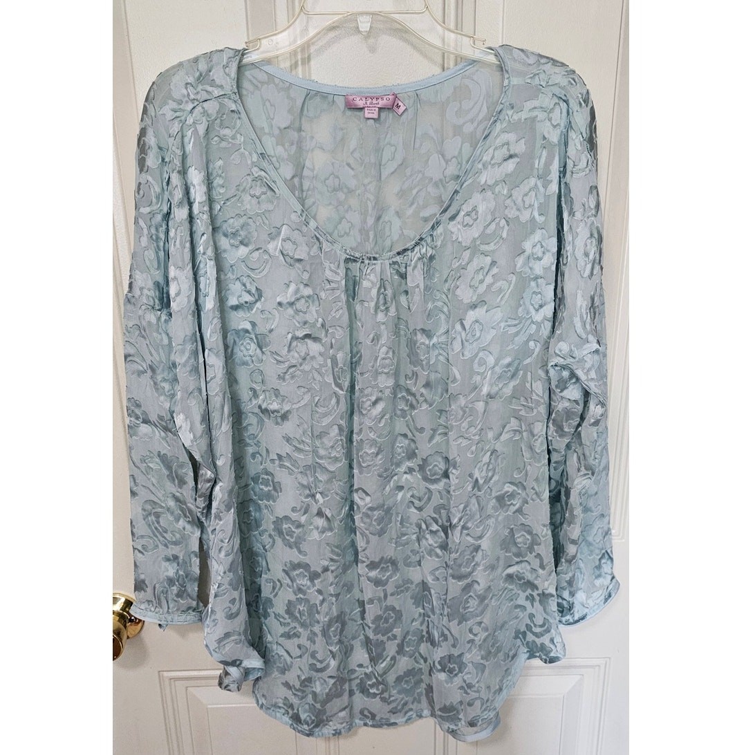 Boho Luxe: Vintage Calypso St. Barth Seafoam Silk Blend Floral Burnout Blouse M