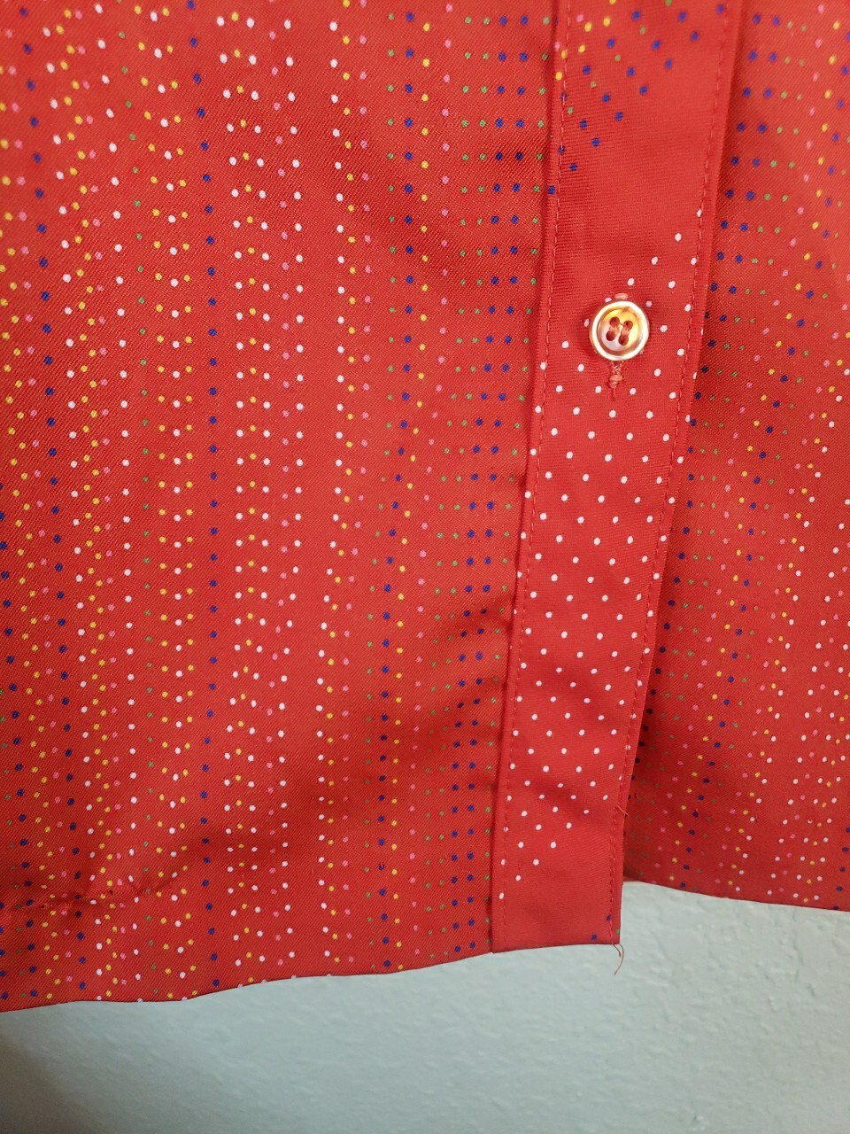 VTG 60S 70s Lady Arrow Button Up SIZE 10 L/S Red Polka dot Polyester PSYCHEDELIC