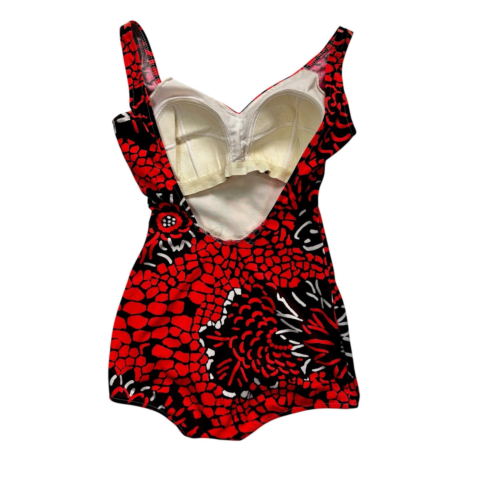 Vintage 1970s Channel West Abstract Floral One Piece Swimsuit Brown Neon Orange