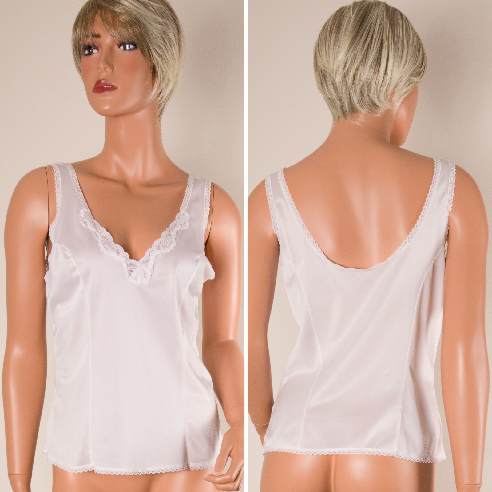 💖 FORTUNE Sz L Cream Off White Cami Tank Top V-Neck Silky Nylon Lace Trim