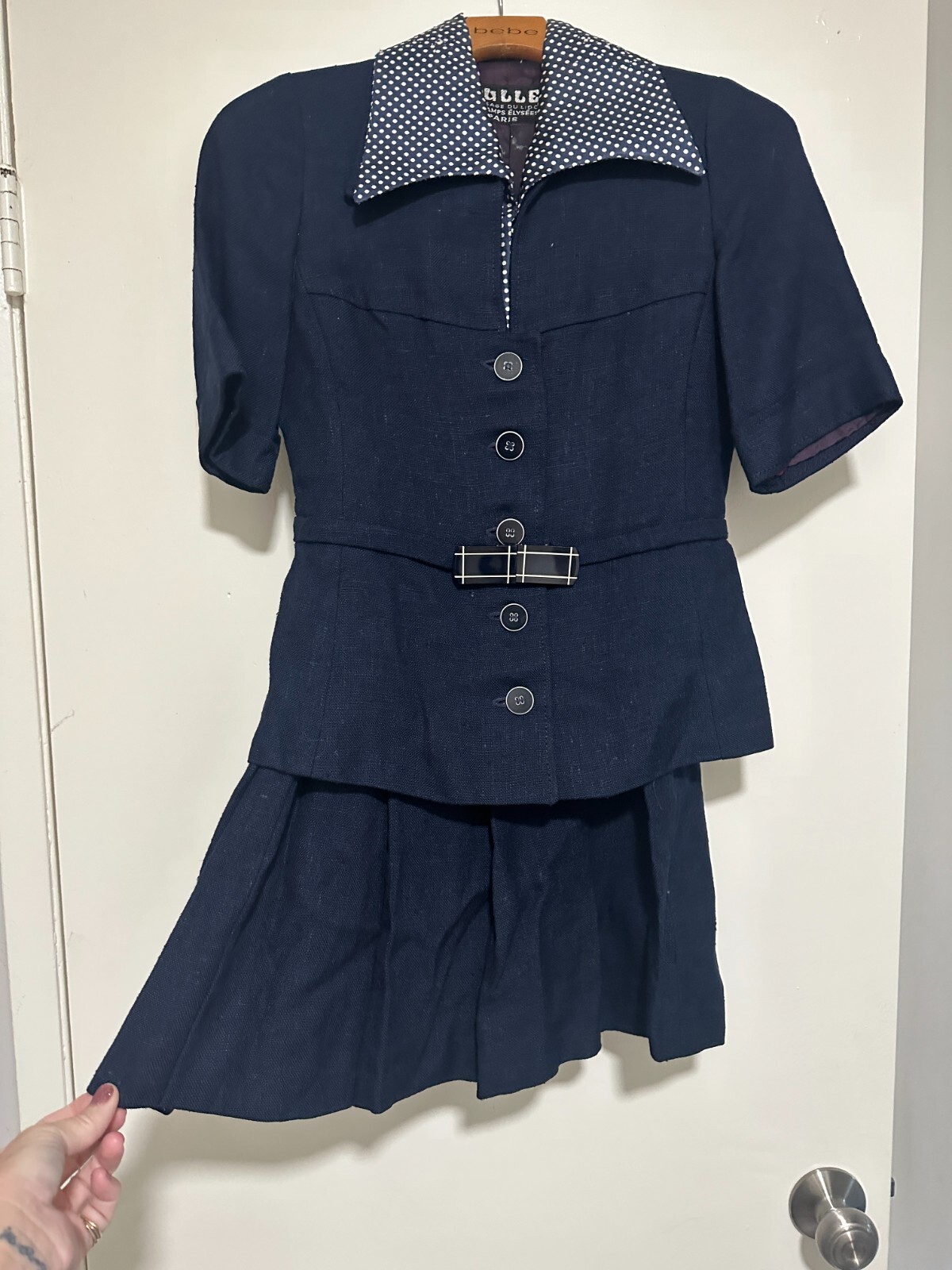 Vintage French Suit Skirt Blue Linen Button Front Belted Pleat Midi Dior Look XS