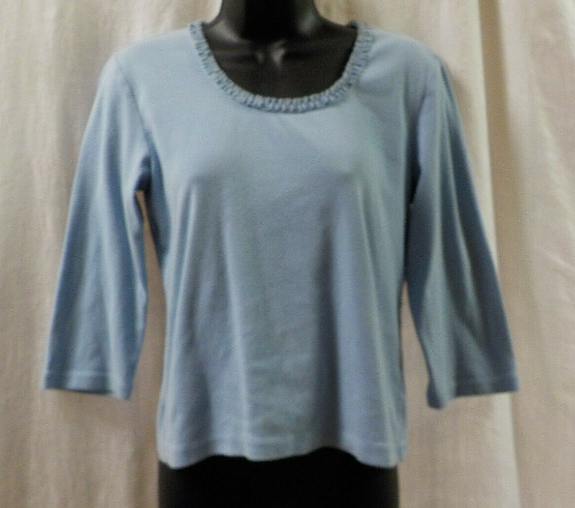 CRAZY HORSE Liz Claiborne Vintage 90’s Knit Top Size L Blue Cotton Ruffle Scoop