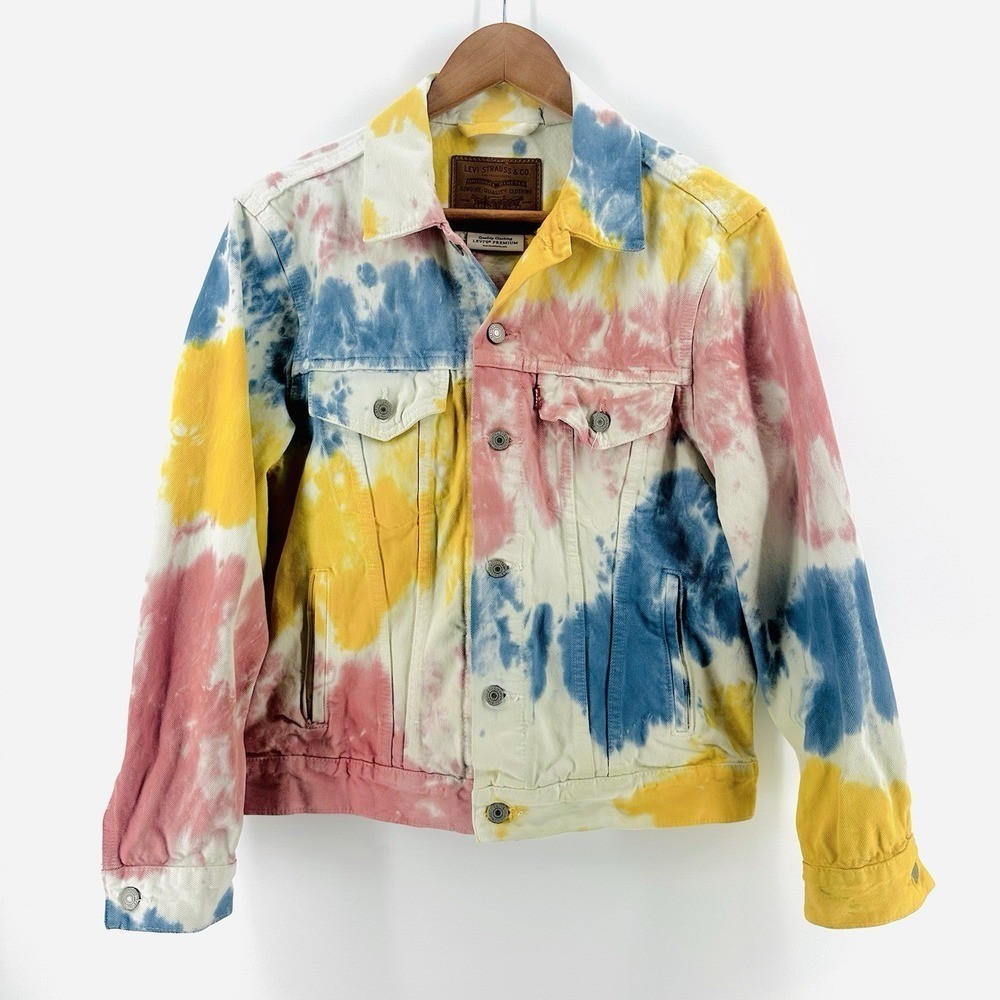 Levis Jean Jacket Adult Sz S Yellow Blue Pink Tie Dye White Denim Trucker AD29