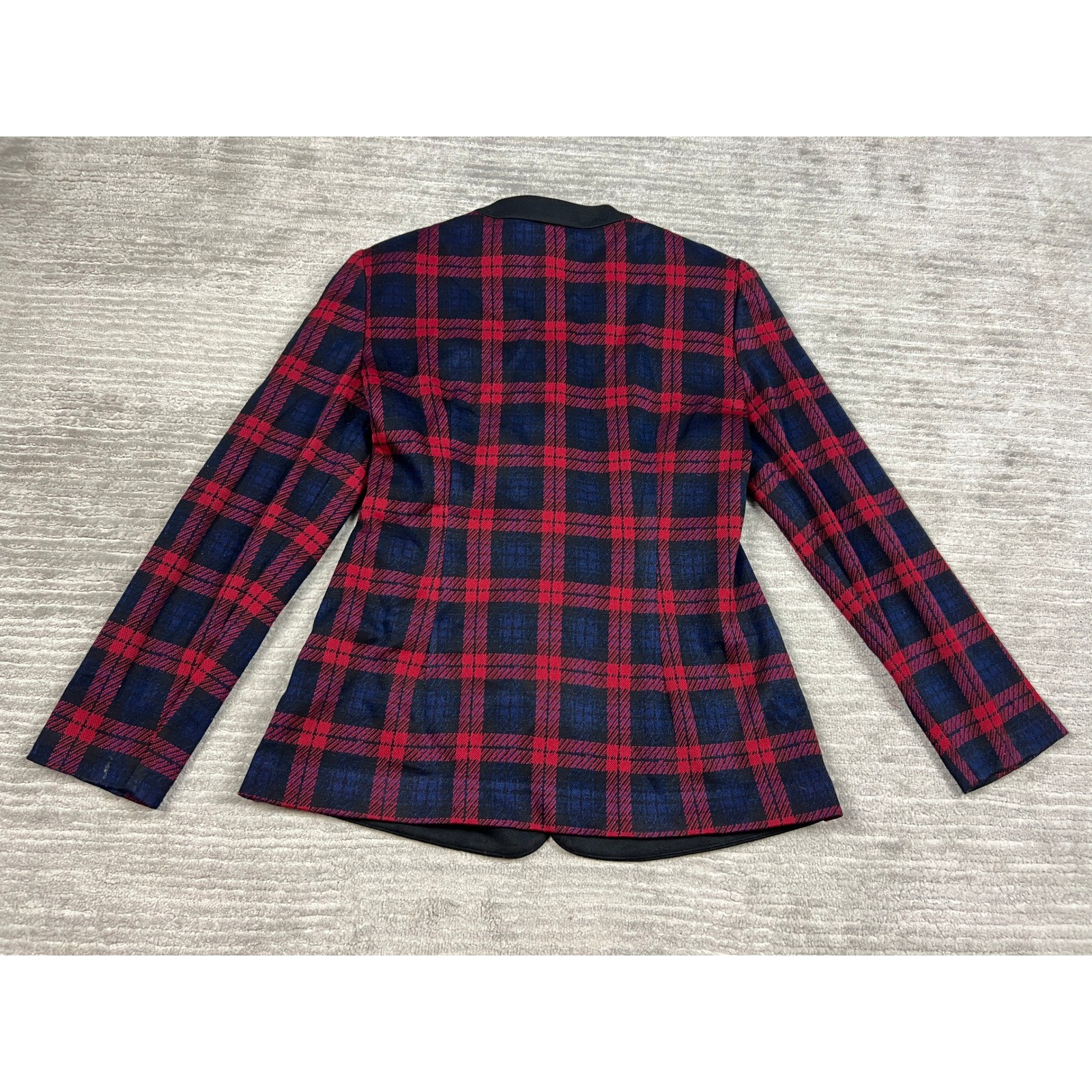 Leslie Fay Jacket Womens 8 Red Navy Plaid Vintage Knit Button Front Collarless
