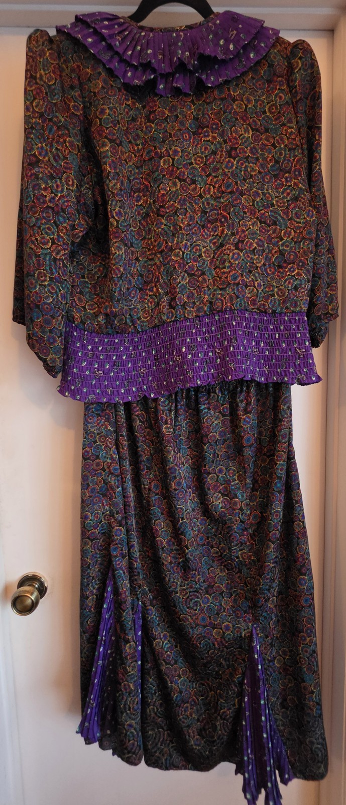 VTG 80s Susan Freis Women’s SET Top Skirt 11 Purple Floral Polka Dots USA Made