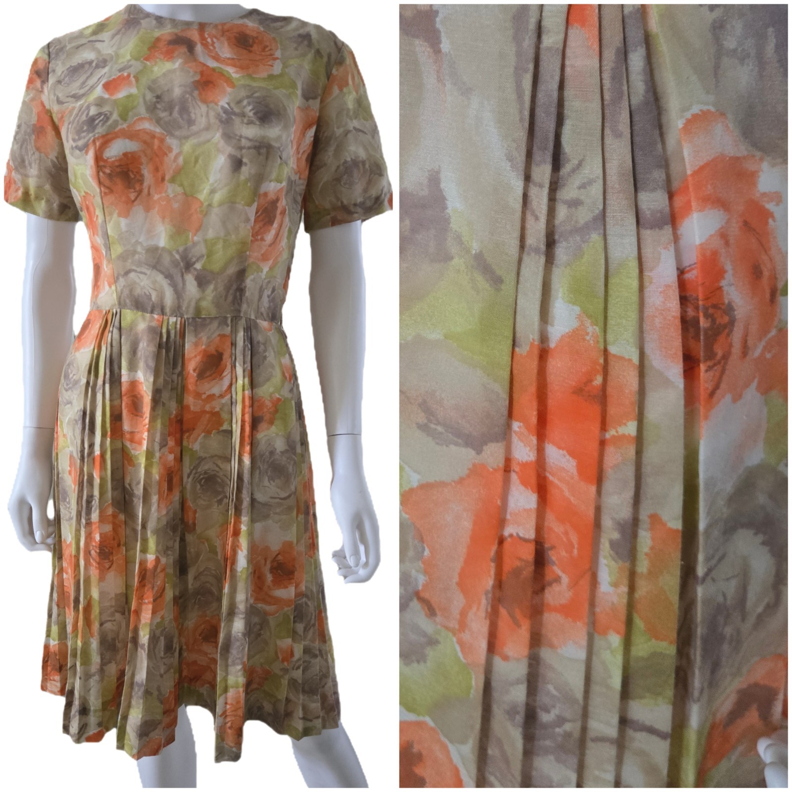Vintage 50s Dress Floral Cotton Circle Skirt Knife Pleats Pleated Romantic 1950s