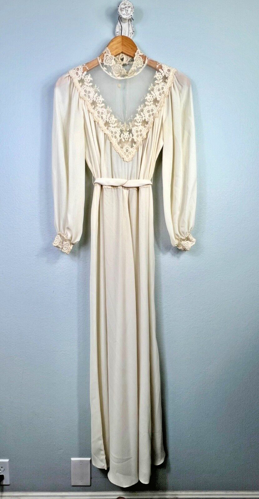 Vintage Cream Lace High Neck Maxi Dress Long Sleeve Victorian Style