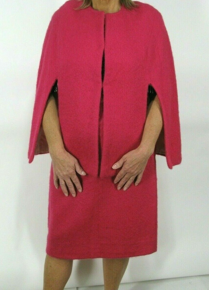 Vintage Cape & Skirt Suit 2pc Pink Fuzzy Wool & Mohair ? Sz M Medium 8 10 1960s