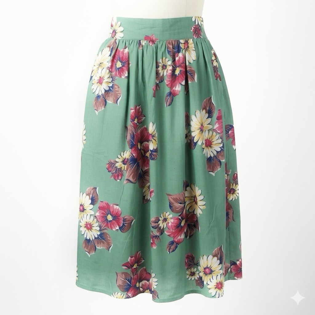 1940s Novelty Print Daisy Floral Green Rayon Pinup Swing Dance Skirt 26”w 26”L