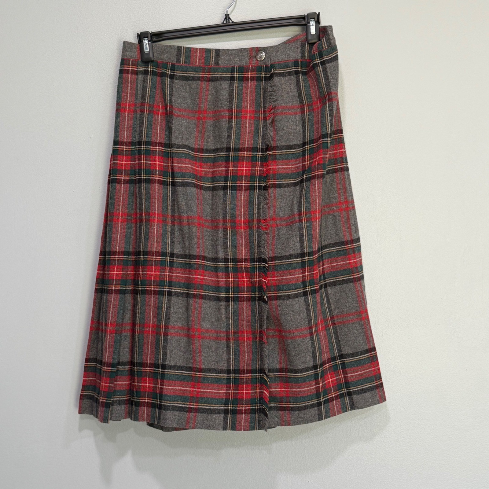 Vintage dark academia Plaid Kilt Skirt Grey Red Green Pleated Wrap Midi Womens