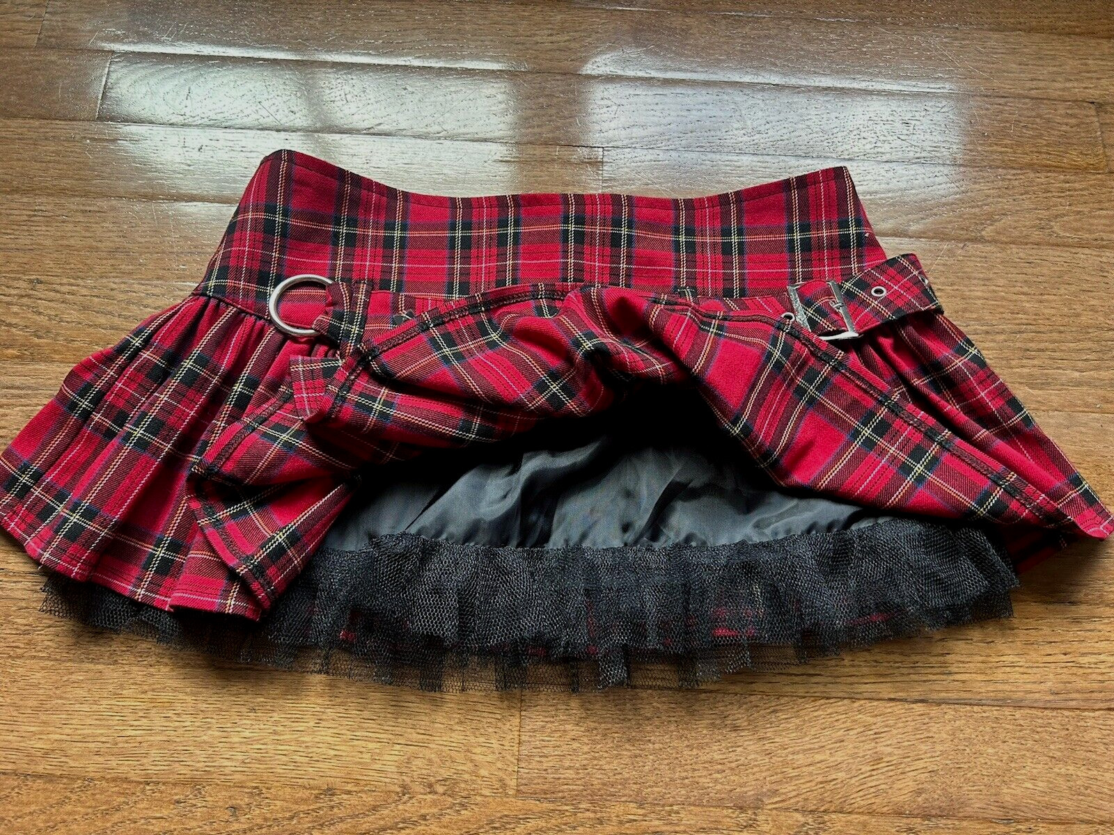 Vintage Y2K HELL BUNNY Goth Punk Buckle Tartan Plaid Tulle Mini Skirt Kilt M