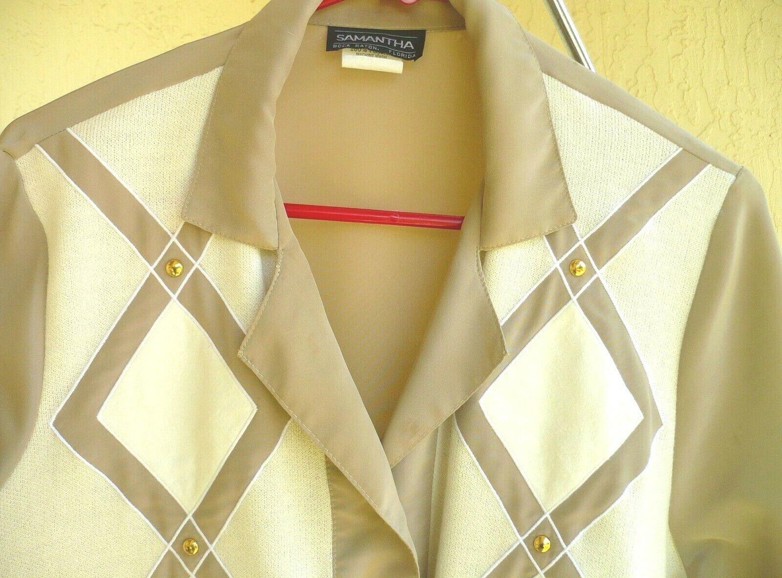 VTG 80S 1X XL SAMANTHA BOCA RATON BEIGE IVORY GEOMETRIC POLY BANDED BLOUSE WOMEN