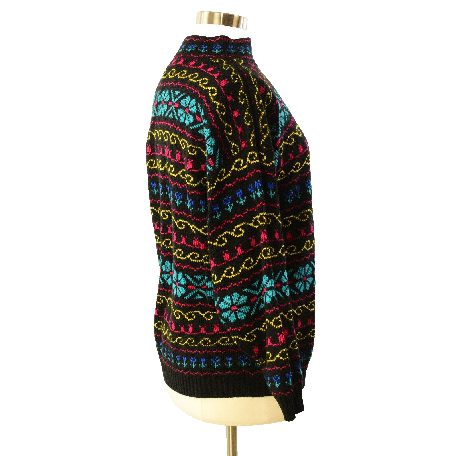 90s Vintage Tunic Sweater Funnel Neck Colorful Geometric Floral Womens Size L