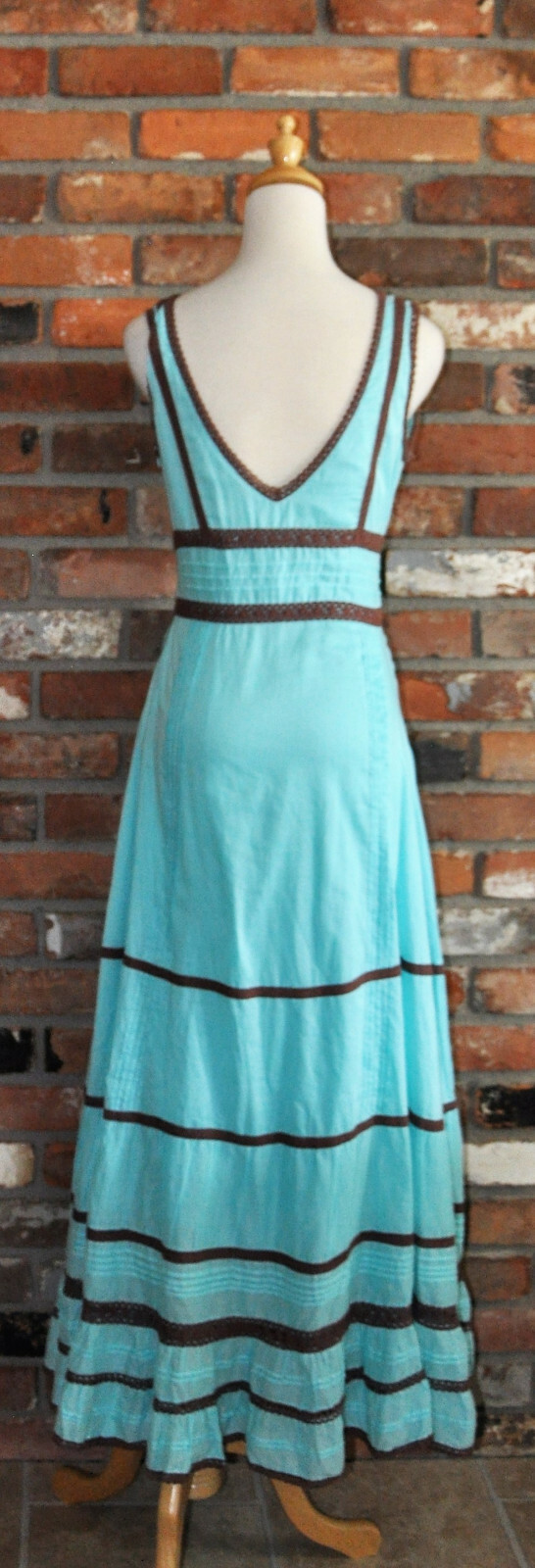 Vintage An Indian Summer Ruffle Blue Cotton Pintuck Prairie Boho LONG Maxi DRESS