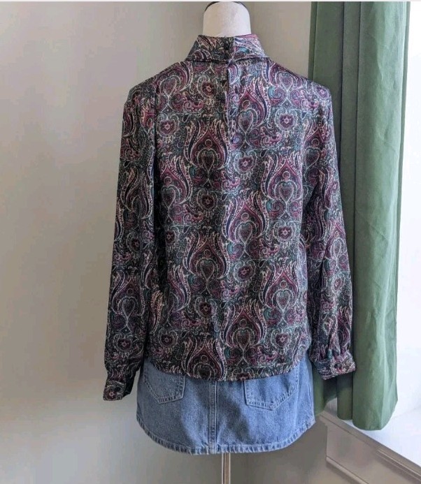Vintage 70s Anna Kristi Blouse Womens Petite Size 10 Paisley High Neck Boho Top