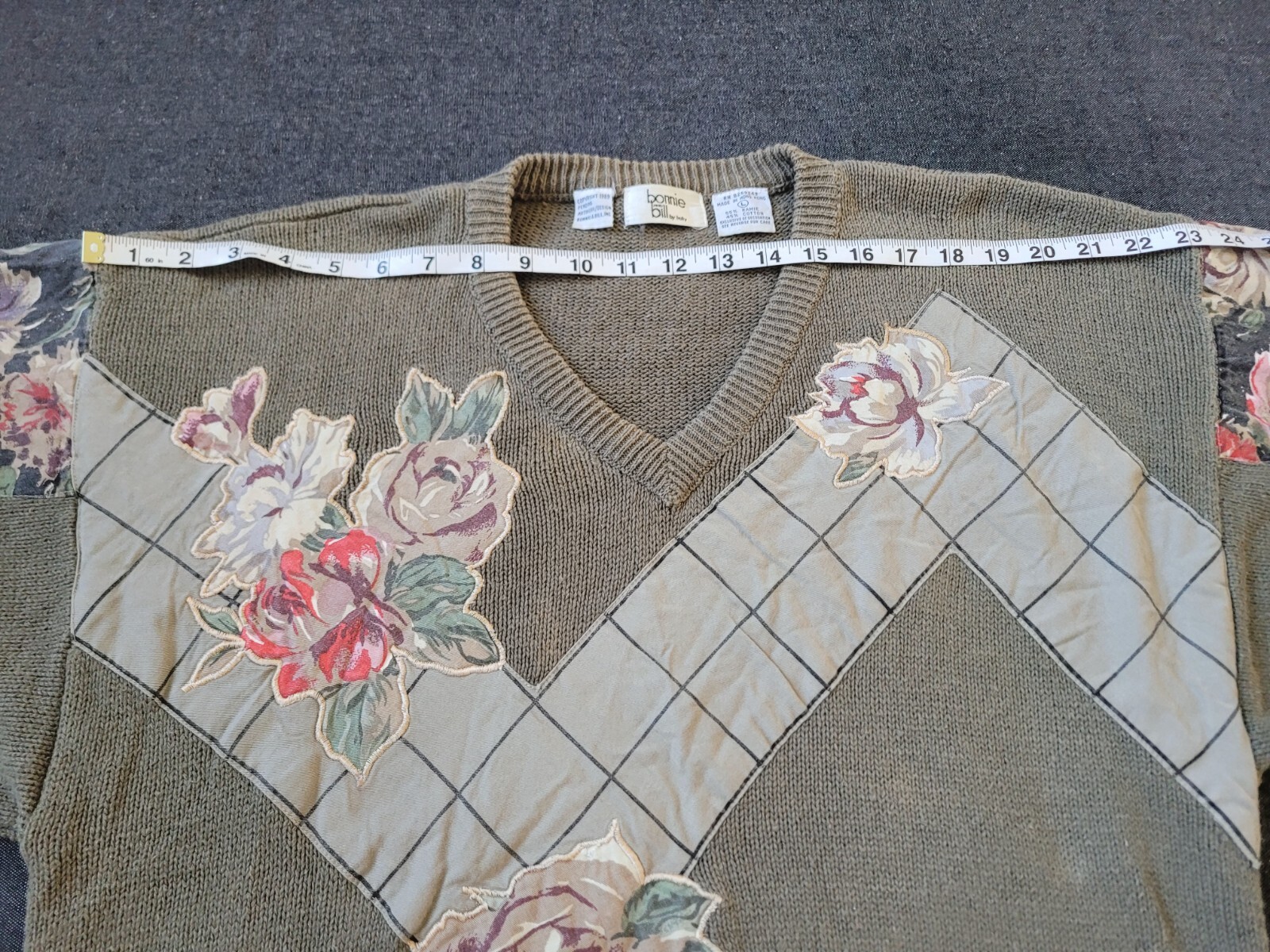 Vintage 80s 90s Batwing Applique Floral Sweater Cotton Ramie Neutral Size Large