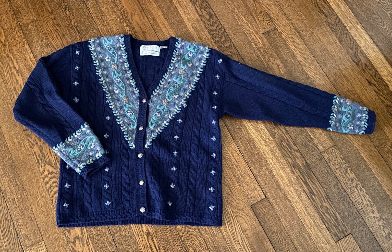 VTG 80s Northern Isle M Blue Hand Embroider Floral Cardigan Sweater Cottagecore