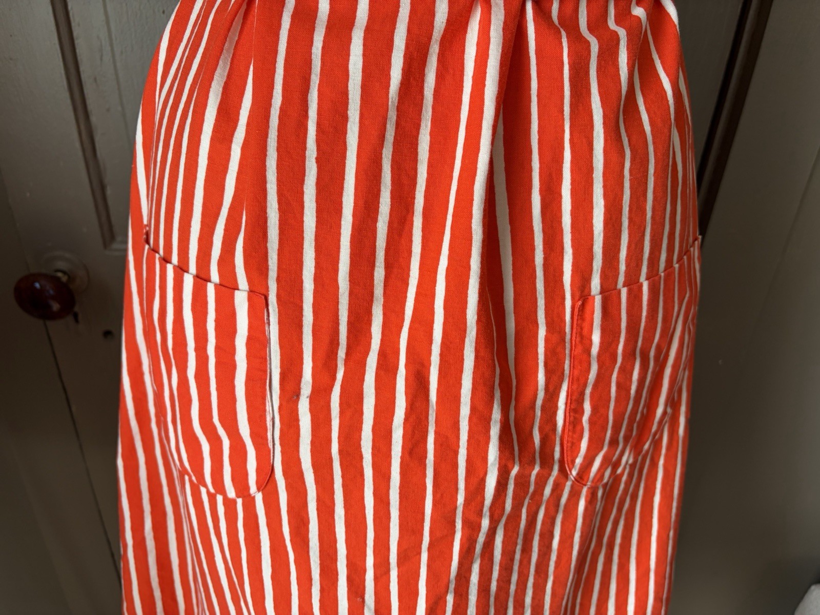 Vintage 1960s 1970s Marimekko Mariessu Red White Piccolo Stripe Apron Dress S