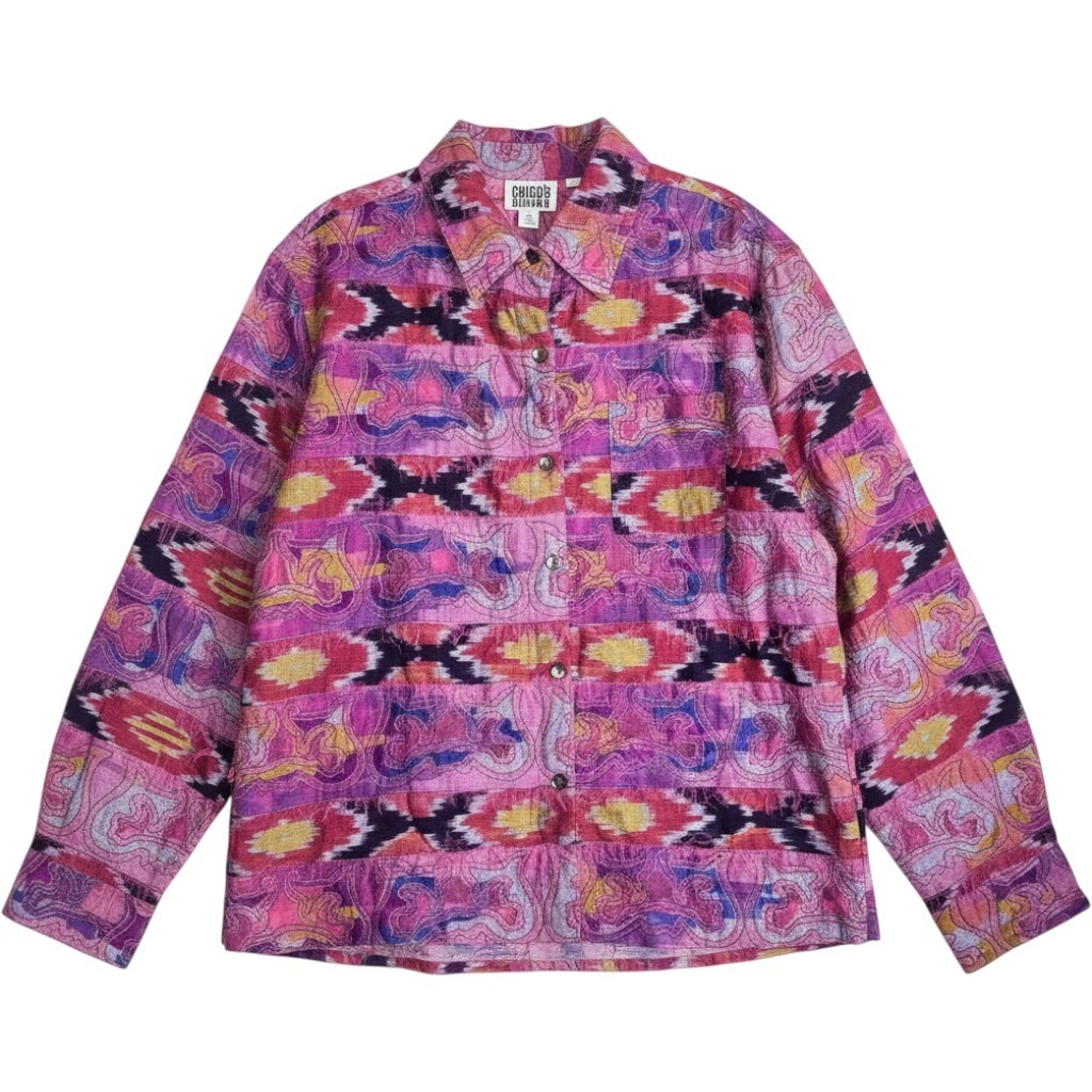 VTG Chico’s Design Silk Cotton Embroidered Ikat Jacket Pink Boho Art To Wear
