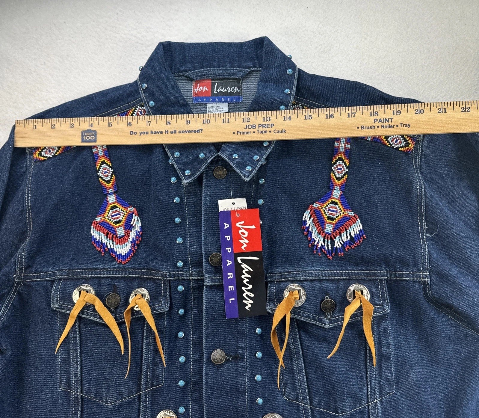 VTG NWT Western Denim Jacket Sz L Beaded Fringe Turquoise Concho Rodeo Southwest