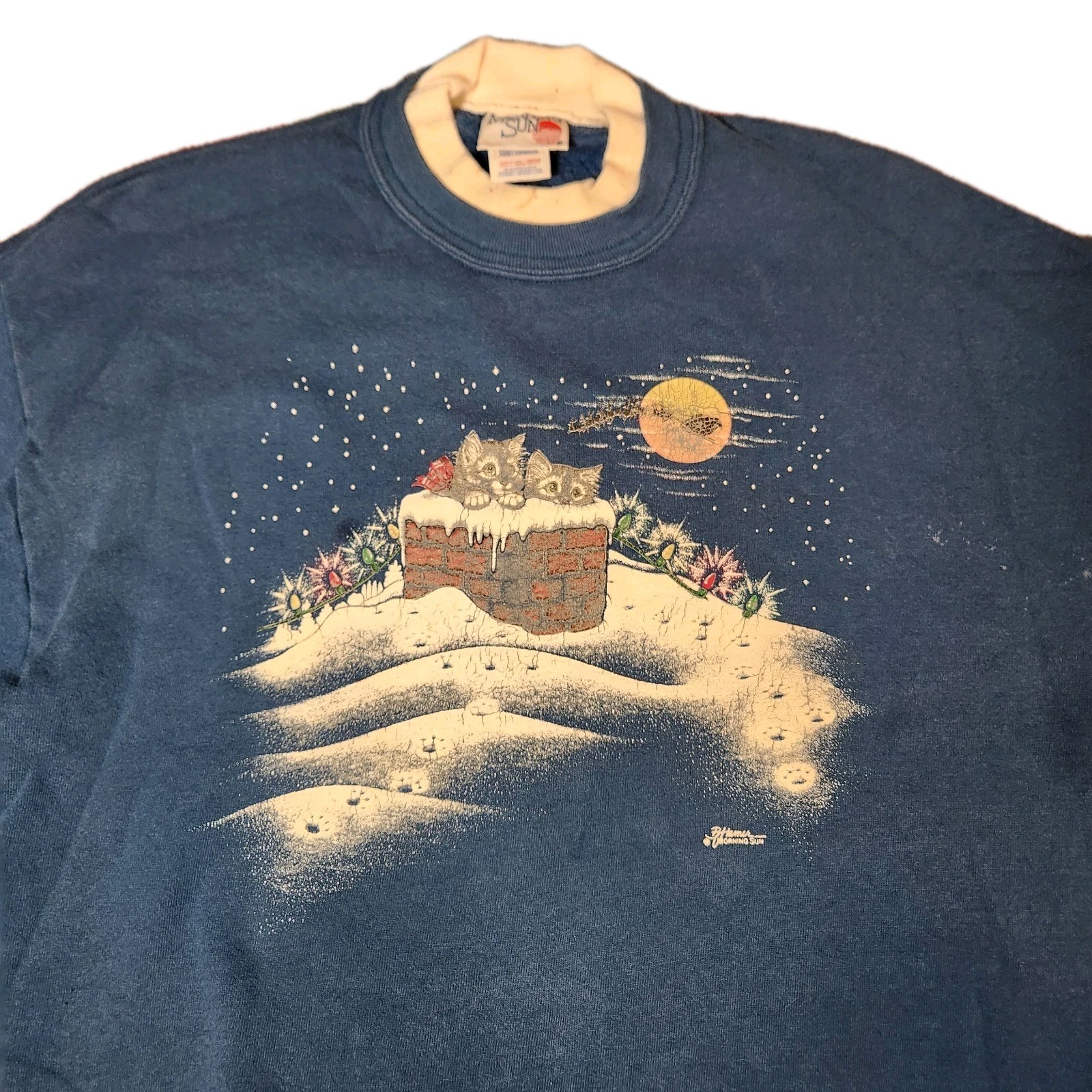Vintage Christmas Cat Sweater Made In USA Holiday Graphics Jerzee XL Granny Core