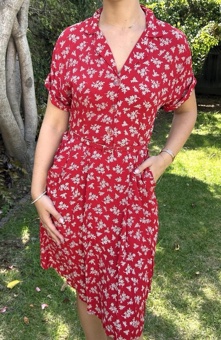 Vintage 90s Autumn Moon S M Rayon Belted Dress Pockets Red Floral USA Retro 50s