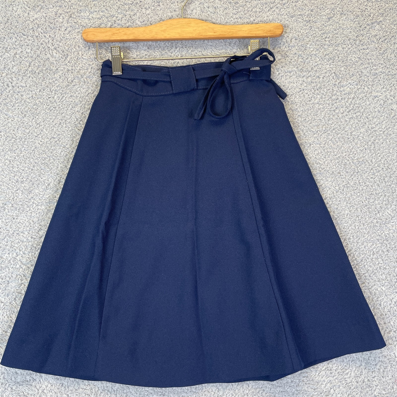 Vintage 1970s Preppy Retro Navy A-Line Wrap Midi Secretary Skirt Womens XSmall