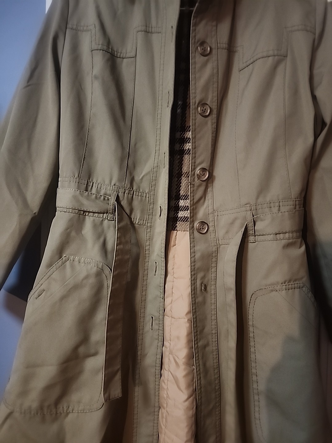 Womens Tan Fitted Trench Coat 7/8 Zip In Plaid Wool Liner Not A Burberry