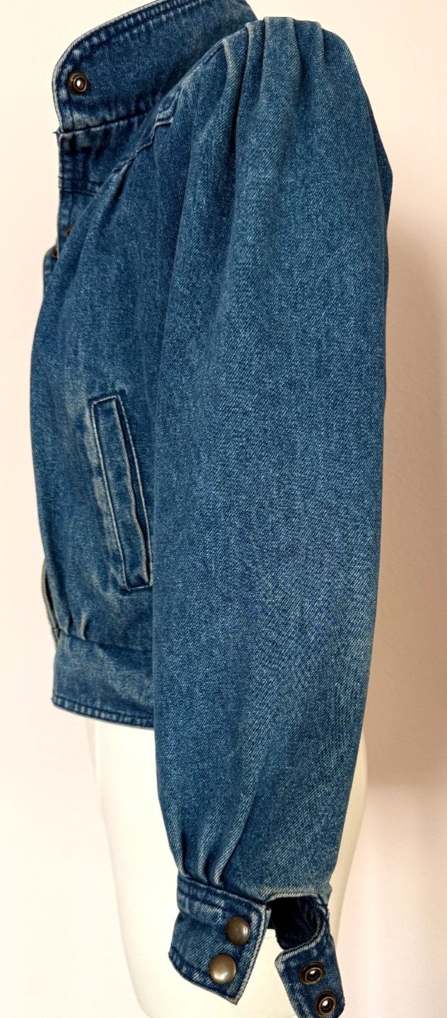 Vintage 80s Denim Puff Sleeve Jacket Cropped Cinched Waist Lined Insulated XS