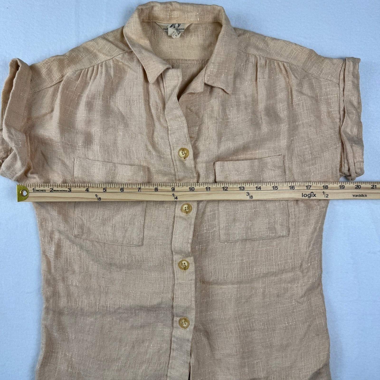 Vintage 70’s Linen Blend Neutral Two Piece Skirt Set Tan Short Sleeve Top Midi