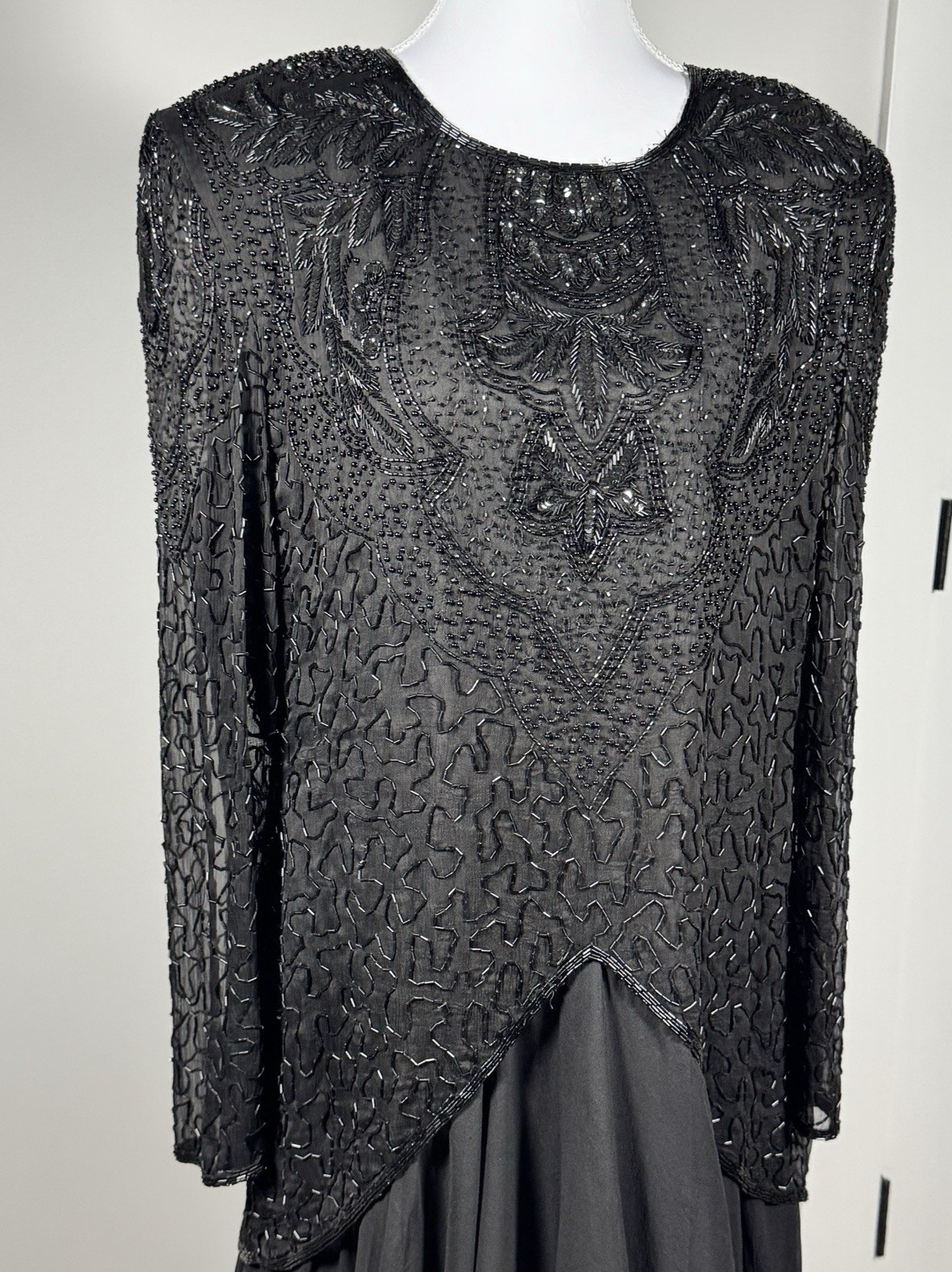 Vintage Carina Black Beaded Silk Evening Gown L/XL Asym Hem Shoulder Pads