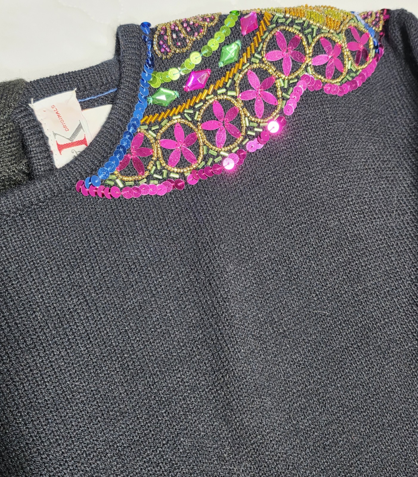 VINTAGE R&K Originals 1980s RETRO Sweater Dress Black Embellished Sequins Sz L