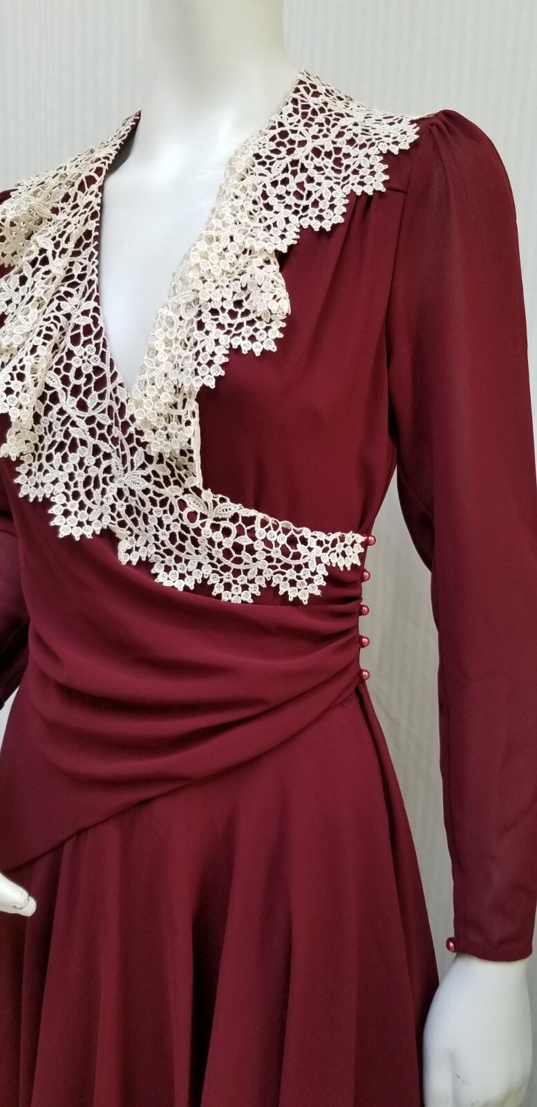 Vintage CASADEI Burgundy Chiffon Wrap Dress w/ Crochet Trim – Size S – EUC