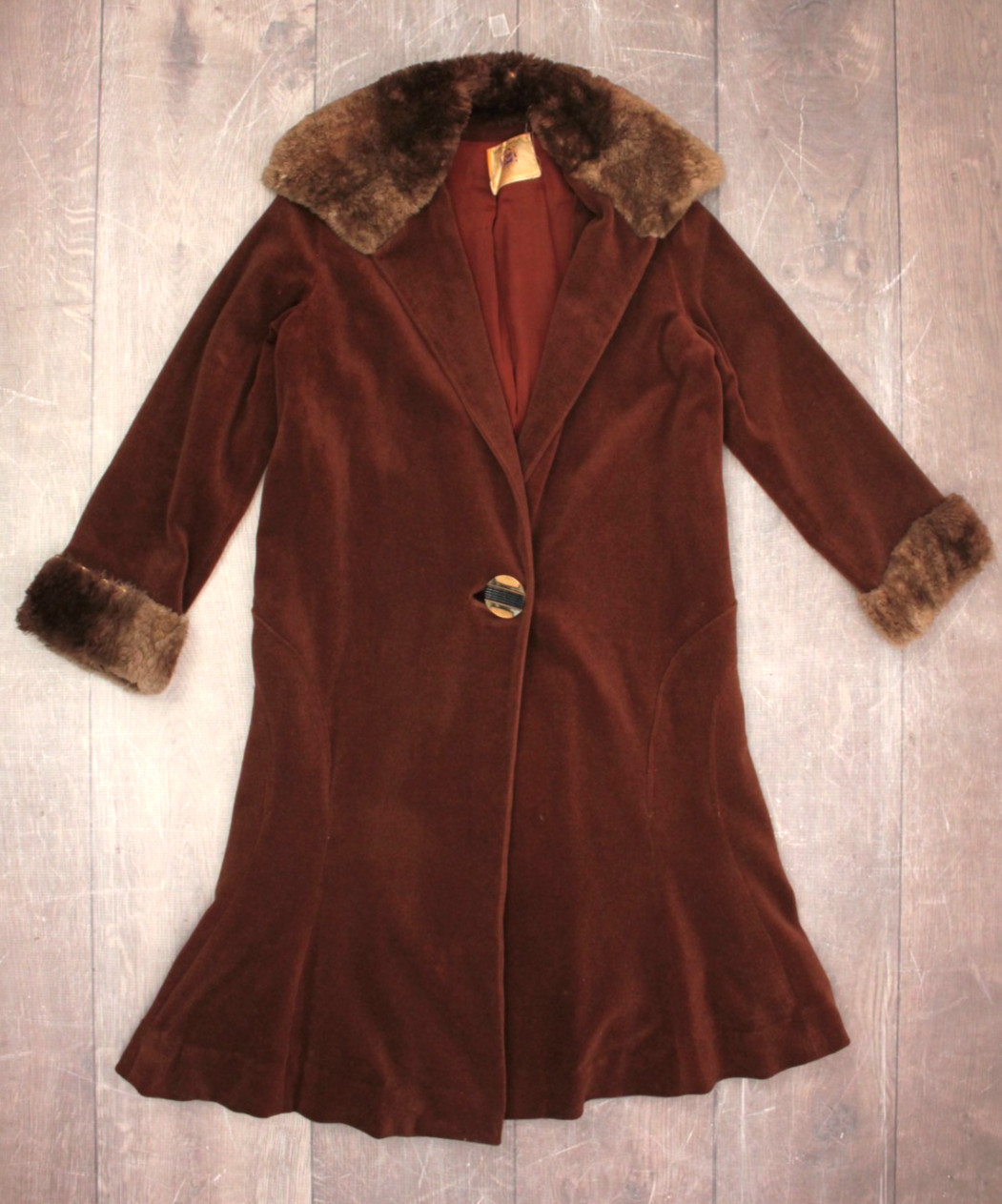 VTG Women’s 30s Brown Wool Coat W/ Fur Trim Collar & Sleeve Cuffs Sz M 1930s