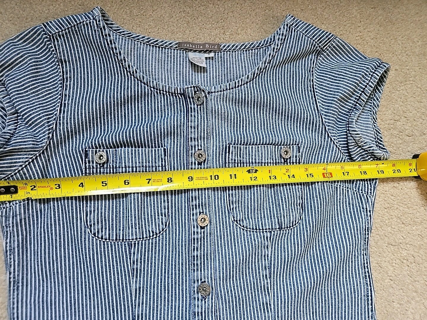 Isabella Bird Anthro denim midi dress 8 blue white stripe short cap sleeve